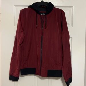 Hollister Men's Maroon Bomber Jacket with Black Trim